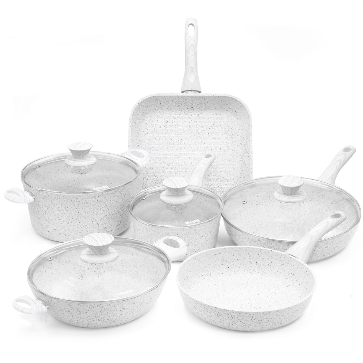 Ensemble de 10 pièces casseroles et poêles en aluminium antiadhésif Bisetti Stonewhite Promotion Ensemble de 10 pièces casseroles et poêles en aluminium antiadhésif Bisetti Stonewhite Promotion