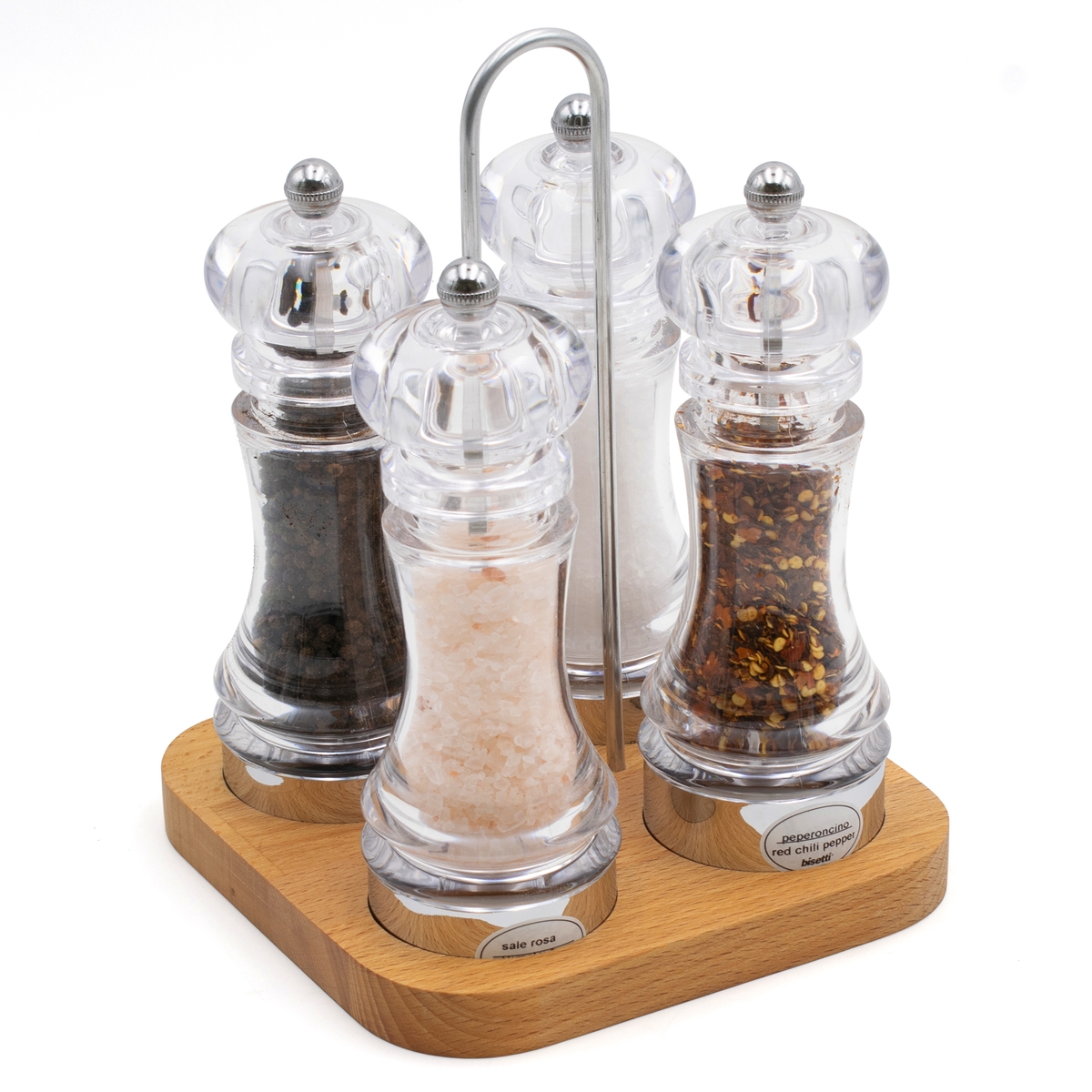 Bisetti set van 4-delige peper- en zoutmolens met beukenhouten basis Aanbieding Bisetti set van 4-delige peper- en zoutmolens met beukenhouten basis Aanbieding