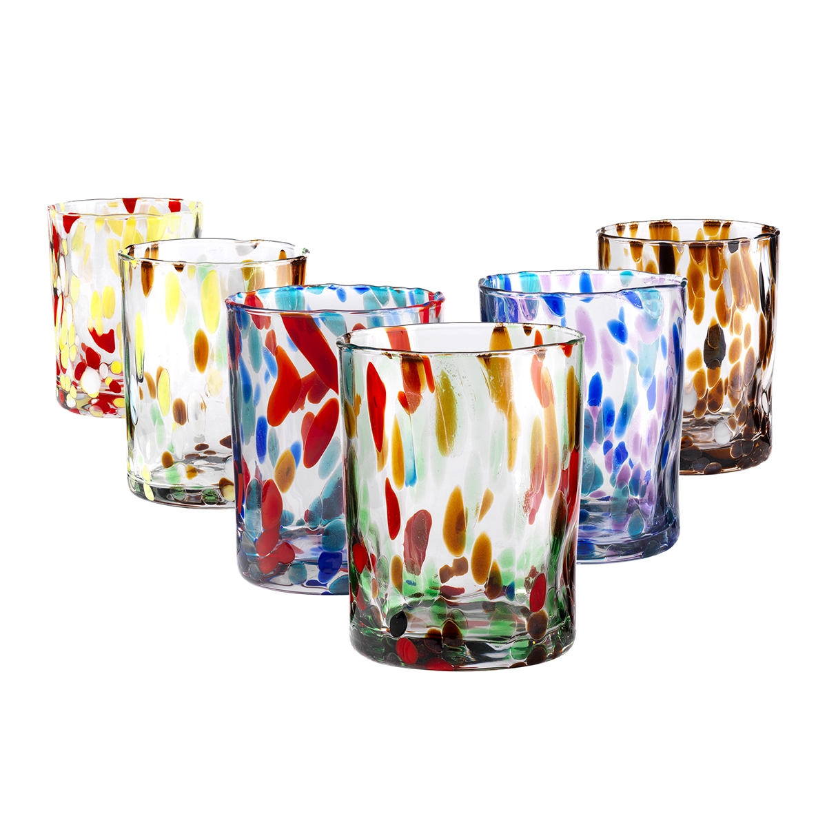 Set van 6 waterglazen 10cm in gekleurd glas, creatief design Banderoles Aanbieding Set van 6 waterglazen 10cm in gekleurd glas, creatief design Banderoles Aanbieding