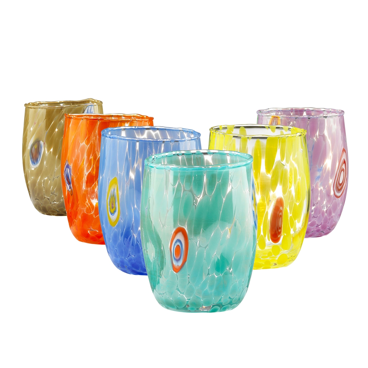 Set van 6 glazen waterglazen rond 10cm in gekleurd glas Bombetta Aanbieding Set van 6 glazen waterglazen rond 10cm in gekleurd glas Bombetta Aanbieding