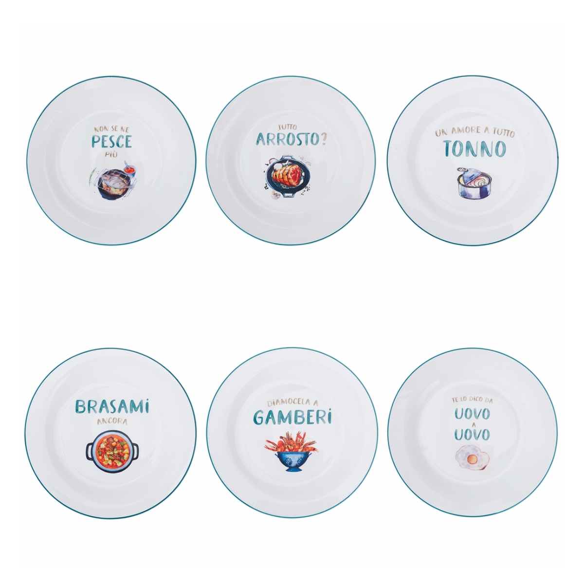 Set van 6 platte borden in keramiek met diverse decoraties Le Travisate Aanbieding Set van 6 platte borden in keramiek met diverse decoraties Le Travisate Aanbieding
