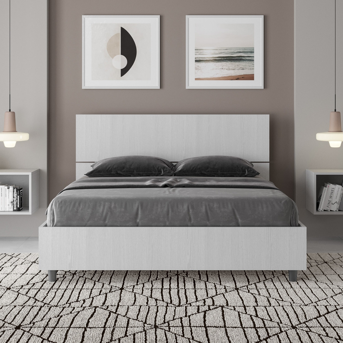Lit double français 140x190 tête de lit droite bois blanc Demas Promotion