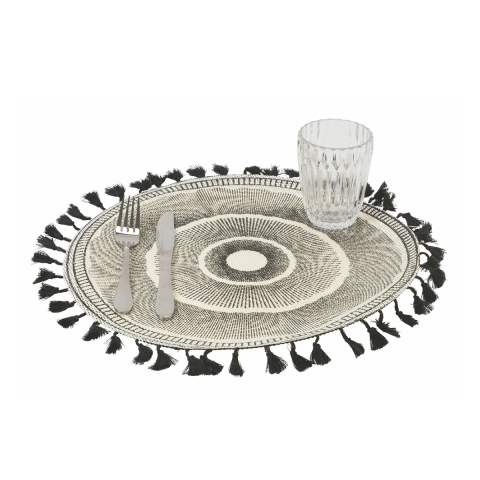 Ensemble de 6 sets de table décoratifs design géométrique 38cm Noir avec franges Promotion