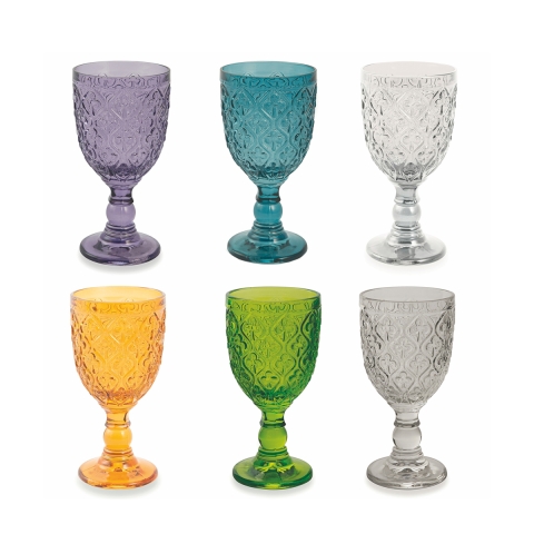 Set van 6 glazen in bewerkt gekleurd glas exotisch design Marrakech Aanbieding