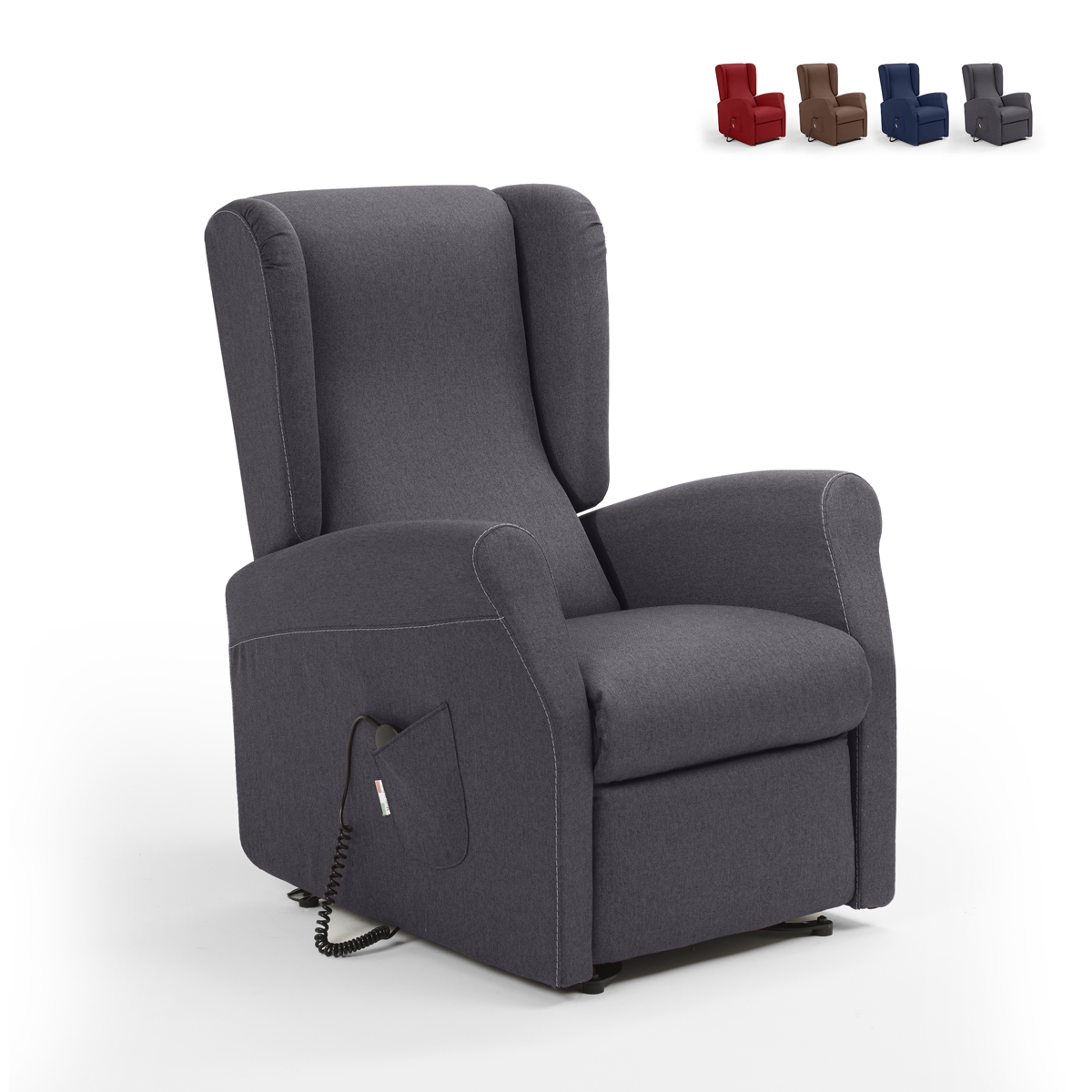 Fauteuil relax en tissu 2 moteurs avec roues et fonction élévatrice Trilly Promotion Fauteuil relax en tissu 2 moteurs avec roues et fonction élévatrice Trilly Promotion