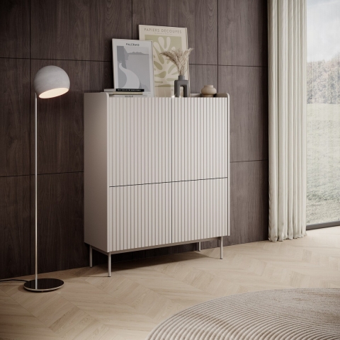 Hoge kast met 4 geprofileerde deuren, dressoir voor woonkamer, beige Bitter Aanbieding