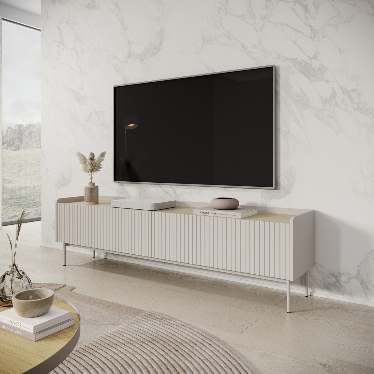 Moderne lage TV-kast met 2 neerklapbare deuren beige 153x50x38 Bitter Aanbieding Moderne lage TV-kast met 2 neerklapbare deuren beige 153x50x38 Bitter Aanbieding
