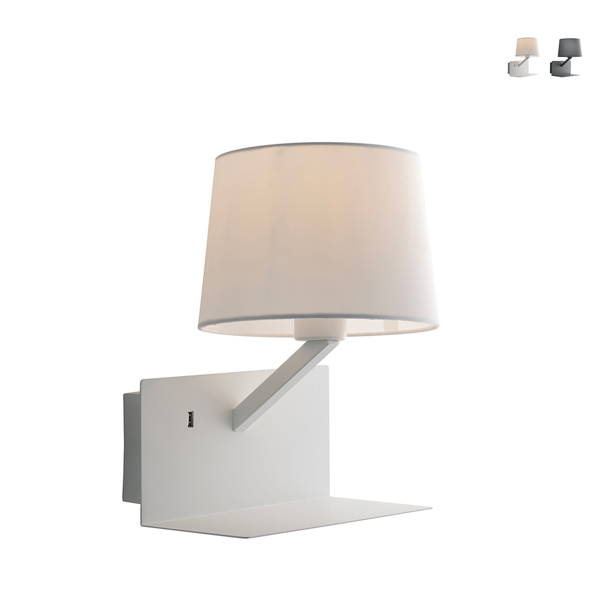 Wandlamp met metalen armatuur, USB-poort en klassieke stoffen lampenkap Ciak Aanbieding Wandlamp met metalen armatuur, USB-poort en klassieke stoffen lampenkap Ciak Aanbieding