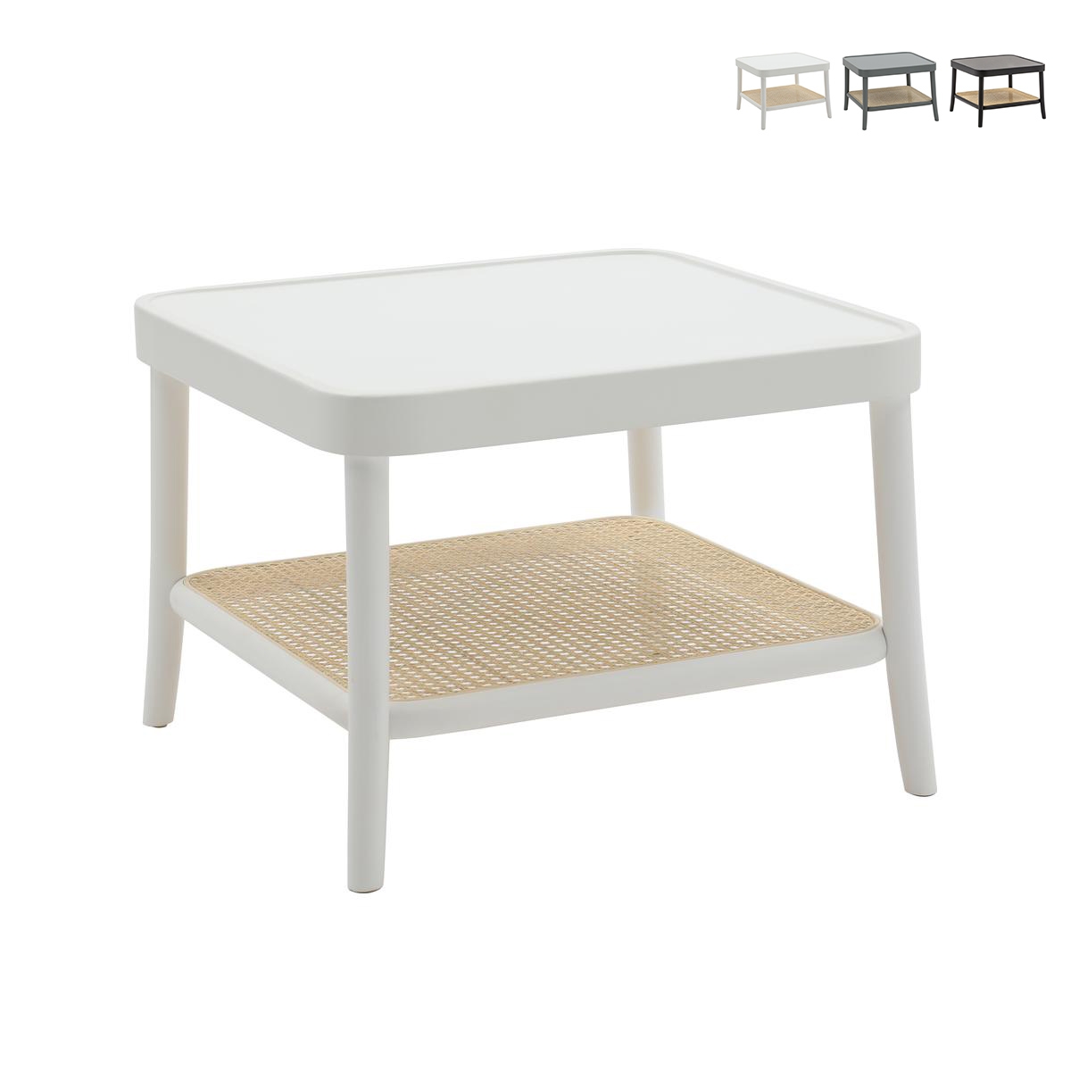 Table basse carrée en bois laqué avec étagère en paille de Vienne Thomas Promotion Table basse carrée en bois laqué avec étagère en paille de Vienne Thomas Promotion
