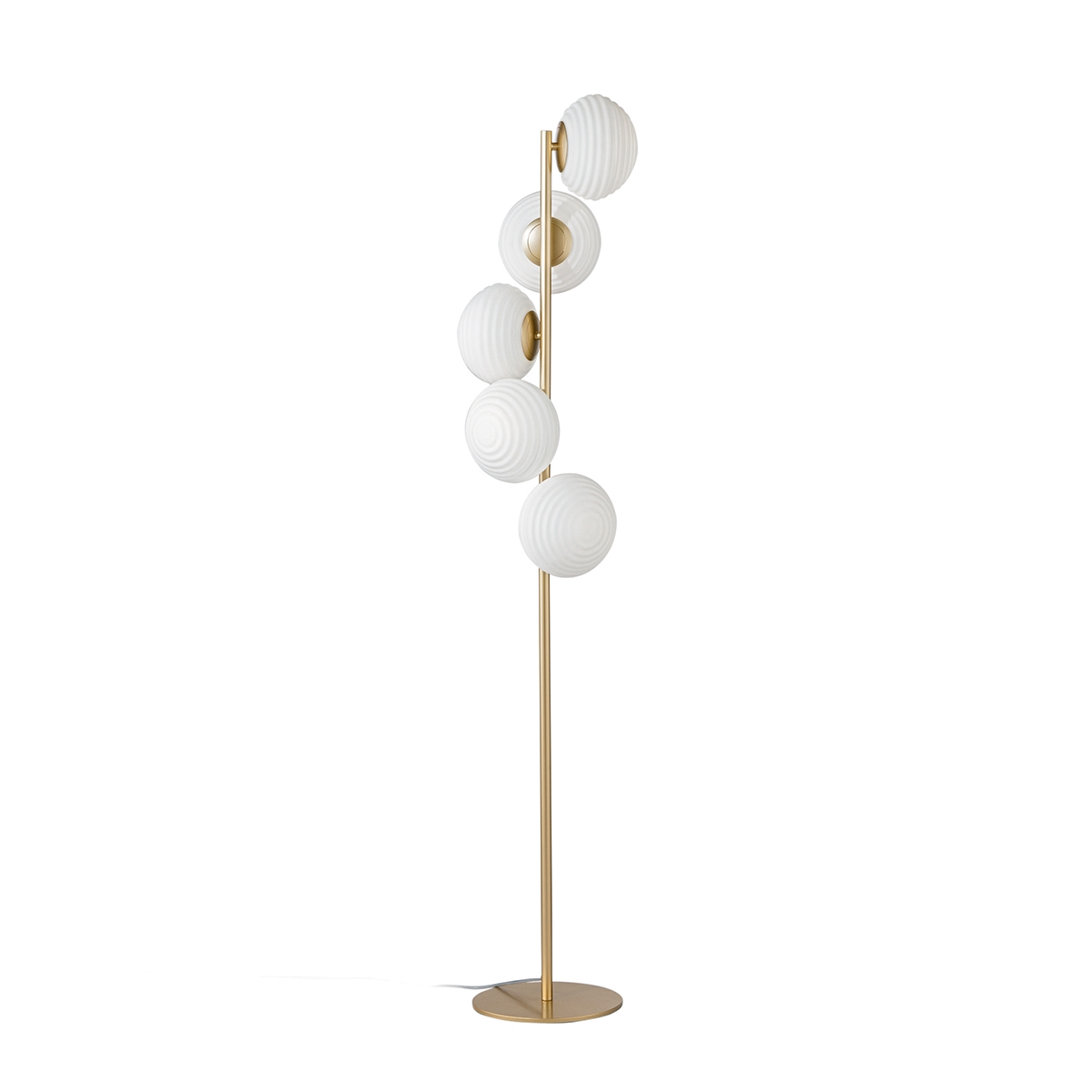 Staande lamp in goudkleurig metaal met 5 lampen in geblazen wit glas Ripple Aanbieding
