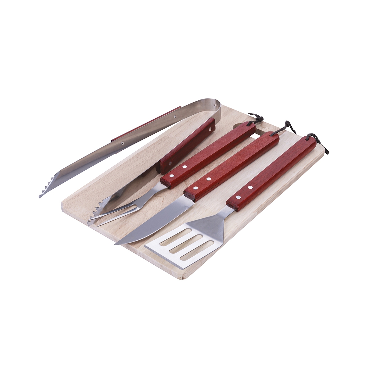 Set de 4 ustensiles de barbecue en acier inoxydable et planche à découper en bois Pyros Promotion Set de 4 ustensiles de barbecue en acier inoxydable et planche à découper en bois Pyros Promotion