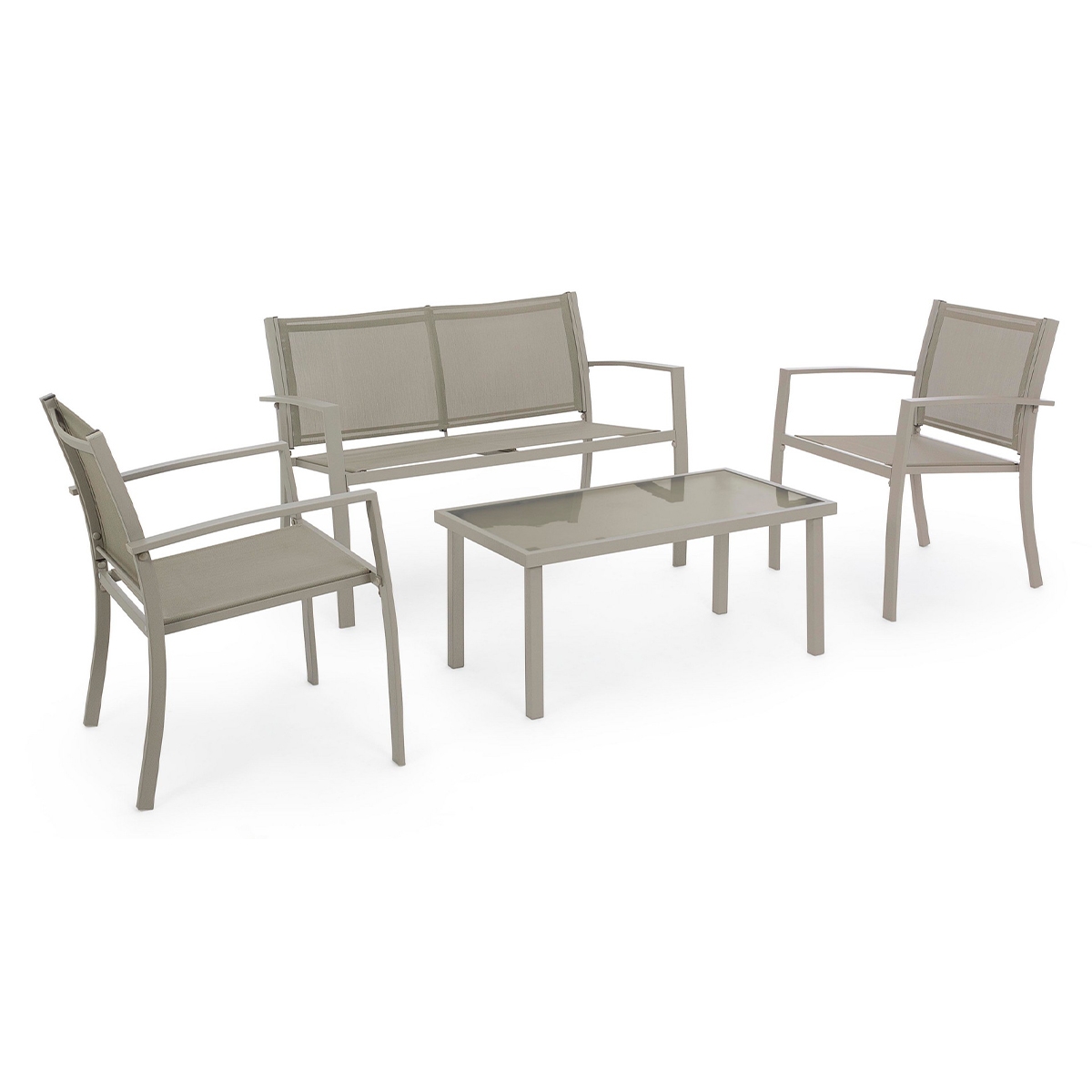Salon de jardin canapé 2 chaises en textilène taupe et table Peder Promotion Salon de jardin canapé 2 chaises en textilène taupe et table Peder Promotion