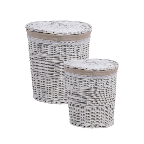 2 paniers à linge avec couvercle en bois et tissu Zeyra Promotion