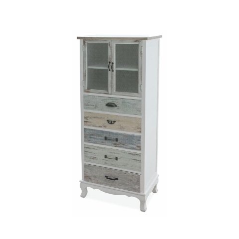 Shabby chic vitrinekast Valencia met 2 glazen deuren en 5 lades Aanbieding