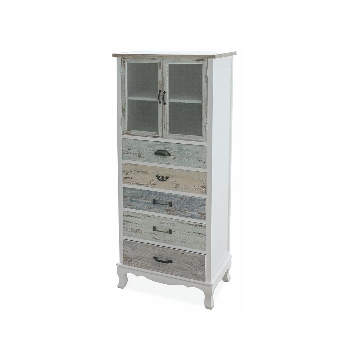 Shabby chic vitrinekast Valencia met 2 glazen deuren en 5 lades Aanbieding Shabby chic vitrinekast Valencia met 2 glazen deuren en 5 lades Aanbieding