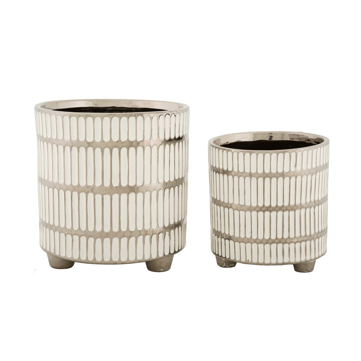 Ensemble de 2 vases en céramique blanche avec décorations argent Ray Promotion