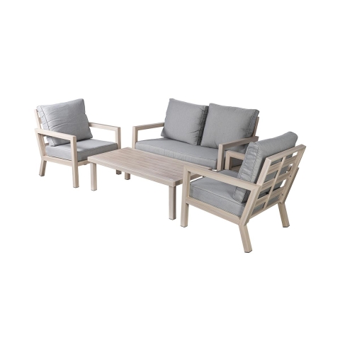 Ensemble mobilier de jardin Ibiza : canapé, table basse et 2 fauteuils avec coussins Promotion