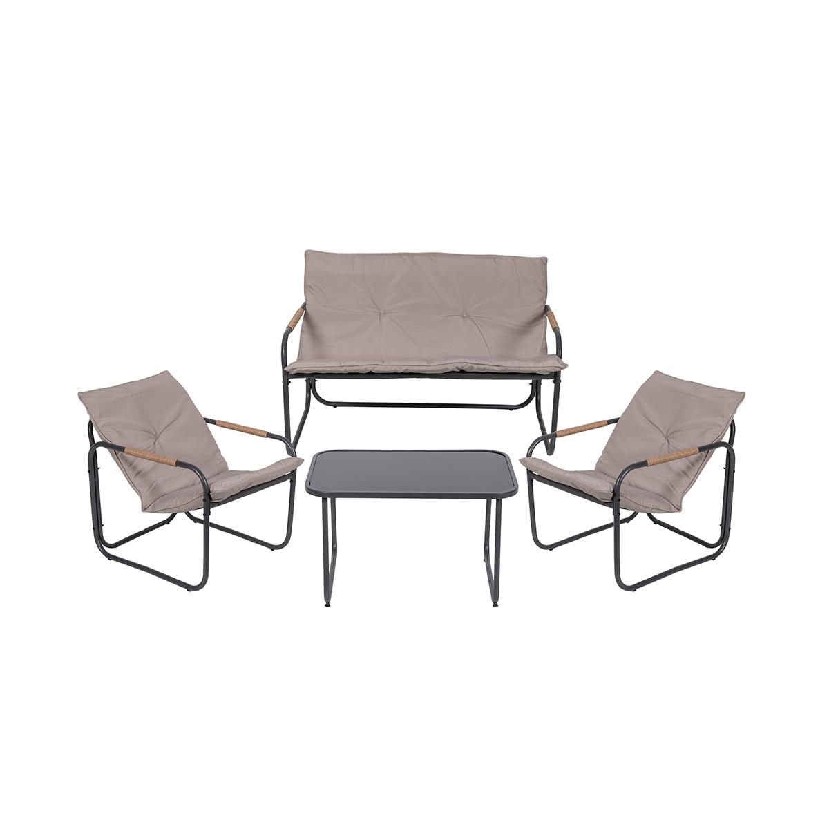 Ensemble de jardin 4 places en acier table basse avec plateau en verre coussins Cannes Promotion Ensemble de jardin 4 places en acier table basse avec plateau en verre coussins Cannes Promotion
