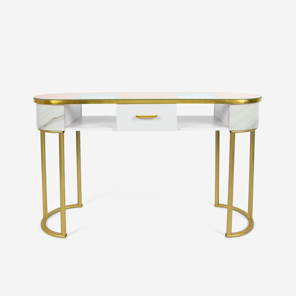 Tafel voor schoonheidsspecialisten van glas, goudkleurig metaal en marmereffect Jess Aanbieding