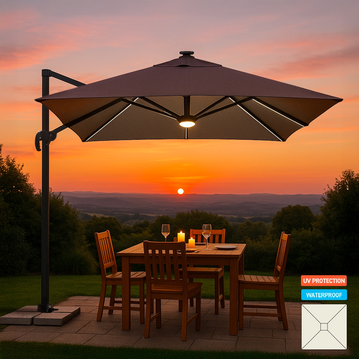 Parasol de jardin déporté bras réglable et LED 3x3 Paradise Brown Light Promotion