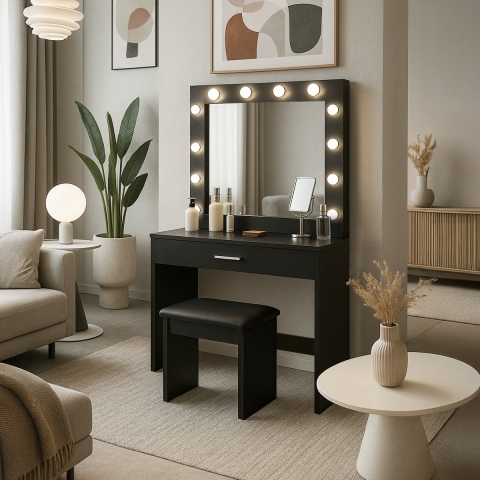 Zwarte make-up tafel met LED-lampen, spiegel en krukje Gaia Black Aanbieding