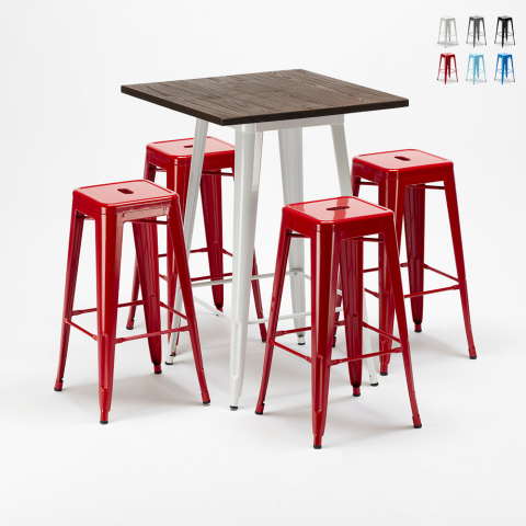 Ensemble de table haute et 4 tabourets métalliques Tolix style innovant Harlem pour Bars et Pubs