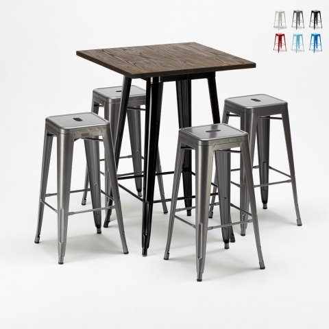 Set hoge tafel met 4 metalen krukken in industriële stijl Little Italy  Aanbieding