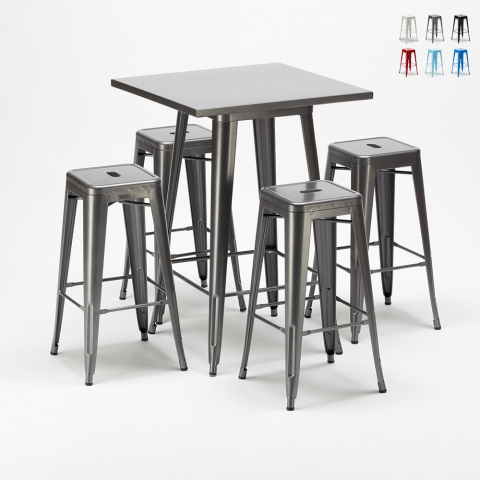 Ensemble de table haute et 4 tabourets métalliques conçus par Tolix industrial Gowanus