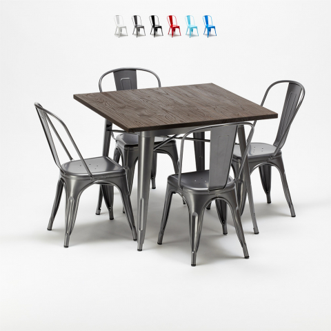table carrée + 4 chaises en métal design industrial jamaica Promotion