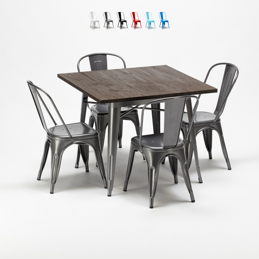 Set met vierkante tafel en 4 metalen stoelen in industriële stijl Jamaica Aanbieding Set met vierkante tafel en 4 metalen stoelen in industriële stijl Jamaica Aanbieding