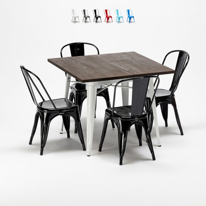 table + 4 chaises carrées en métal bois style industriel midtown 