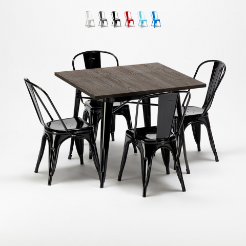 table carrée en bois + 4 chaises en métal Lix style industriel west village Promotion