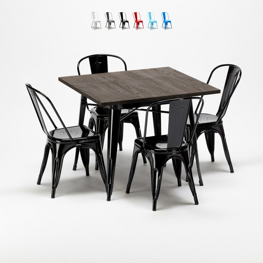 table carrée en bois + 4 chaises en métal style industriel west village Promotion table carrée en bois + 4 chaises en métal style industriel west village Promotion