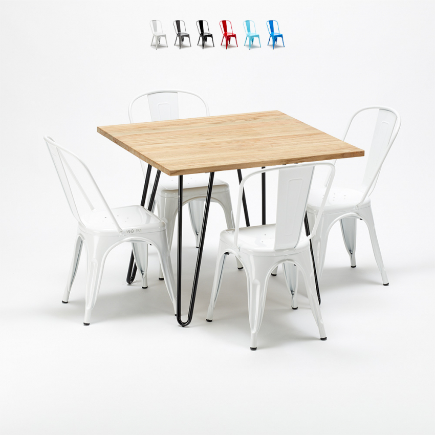 Set met vierkante tafel en 4 metalen stoelen in industriële stijl Tribeca Voorraad