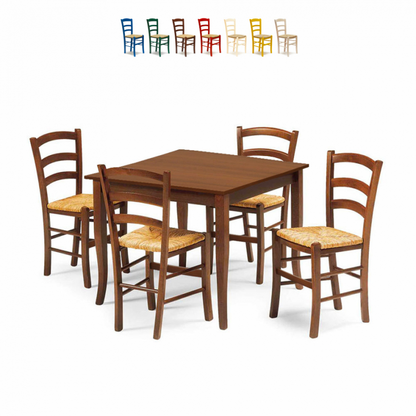 Set 4 stoelen en vierkante tafel 80x80 cm hout Rusty Korting