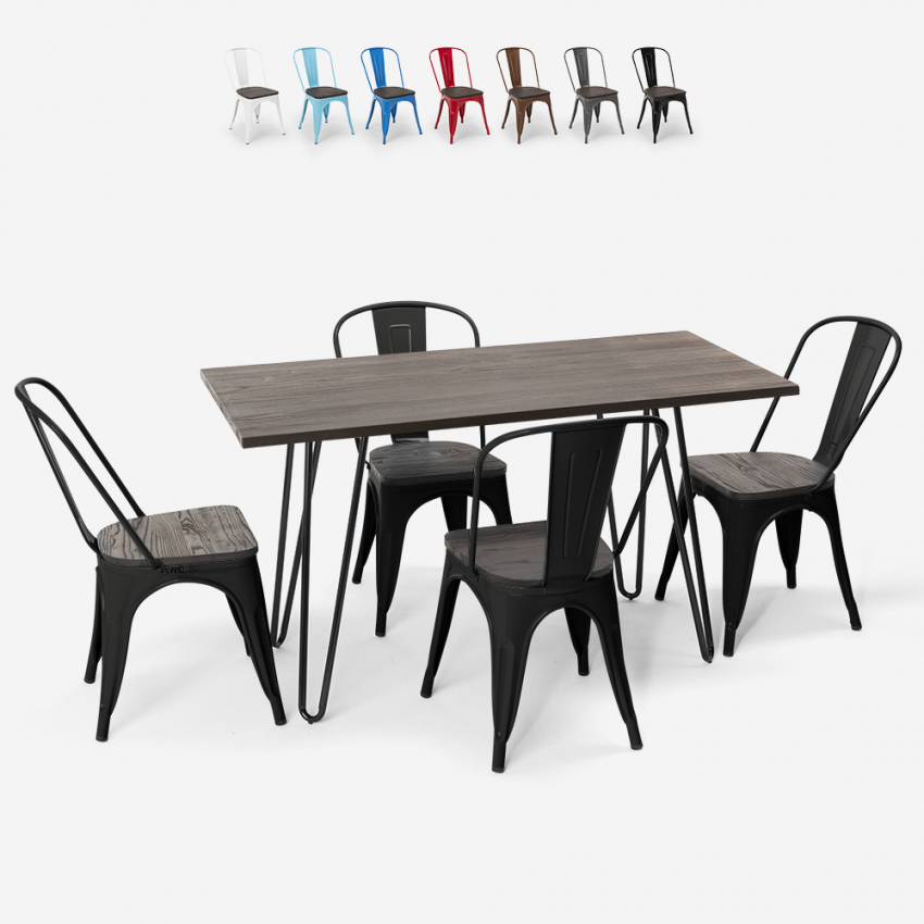 Rechthoekige tafel 120x60 cm met 4 industriële designstoelen van staal en hout Roger Kortingen
