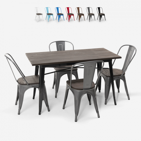 Set de table rectangulaire 120 x 60 avec 4 chaises en acier de style industriel Tolix et bois Ralph