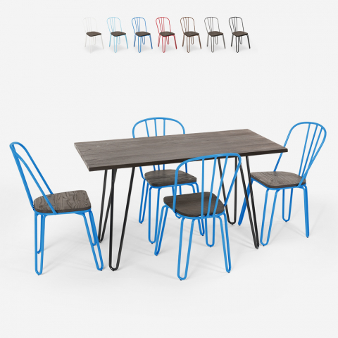 Set de table rectangulaire 120x60 avec 4 chaises en bois et acier design industriel Tolix Magis
