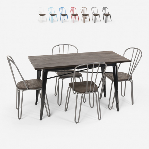 Set de table rectangulaire 120x60 avec 4 chaises acier bois design industriel Tolix Otis