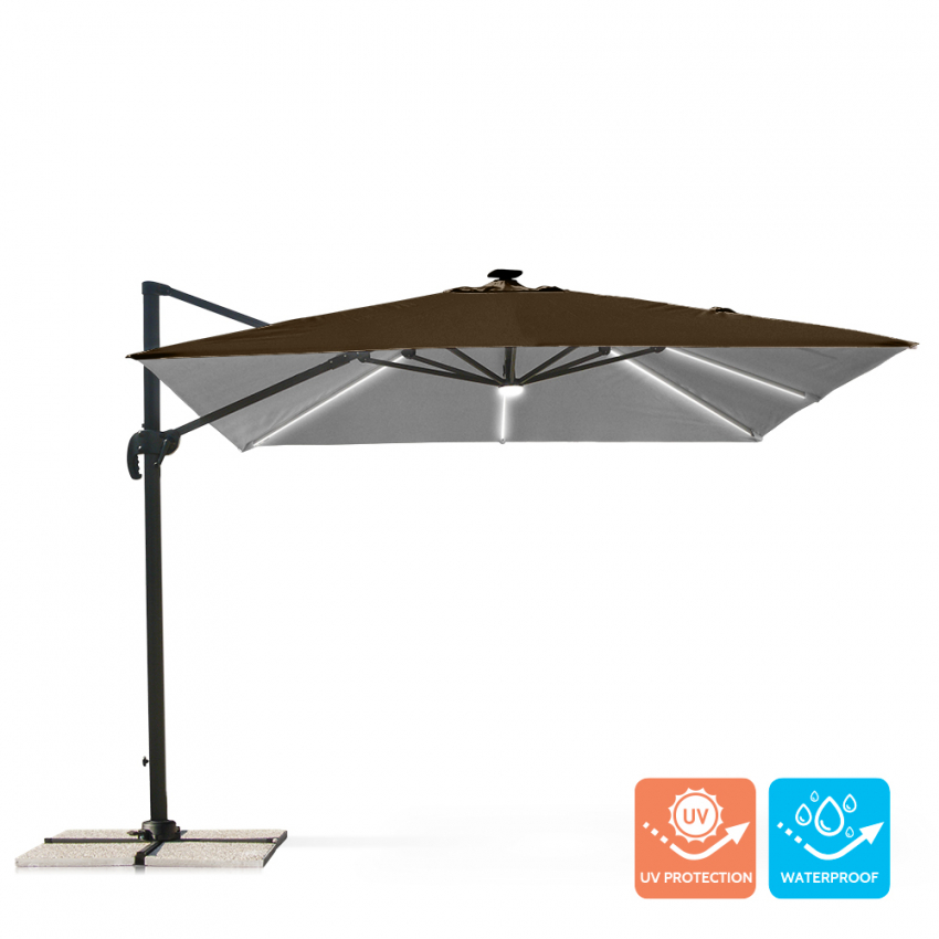 Vulgariteit Monetair Kwadrant Paradise Brown Light parasol met decentrale mast en verstelbare arm met LED  solarlamp 3x3m