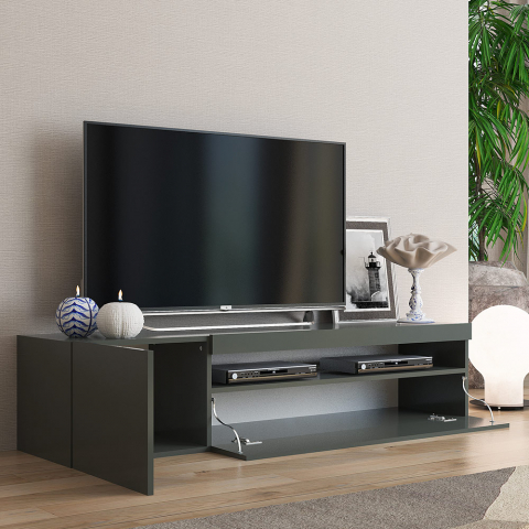 Meuble TV moderne avec porte et tiroir à rabat 150 cm Daiquiri Anthracite M
