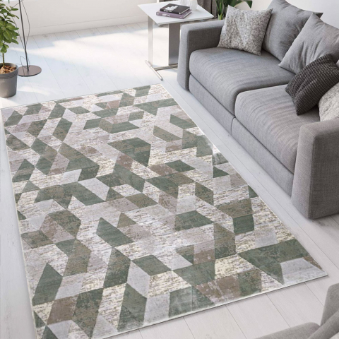 Tapis de salon design géométrique moderne Double gris vert VER002 Promotion