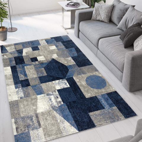Rechthoekig modern geometrisch design grijs blauw Milano tapijt BLU013
