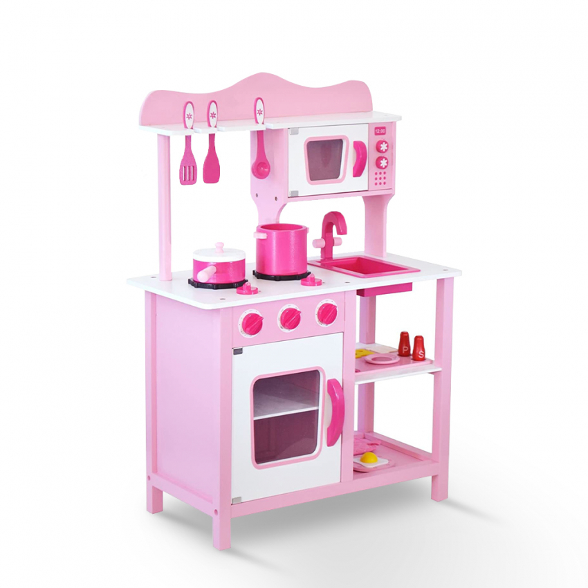 Roze houten speelgoedkeuken met potten, accessoires en geluiden Miss Chef Aanbieding Roze houten speelgoedkeuken met potten, accessoires en geluiden Miss Chef Aanbieding