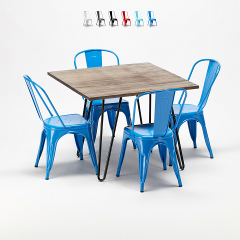 Set de table carrée en bois et chaises en métal au design Tolix industriel Bay Ridge