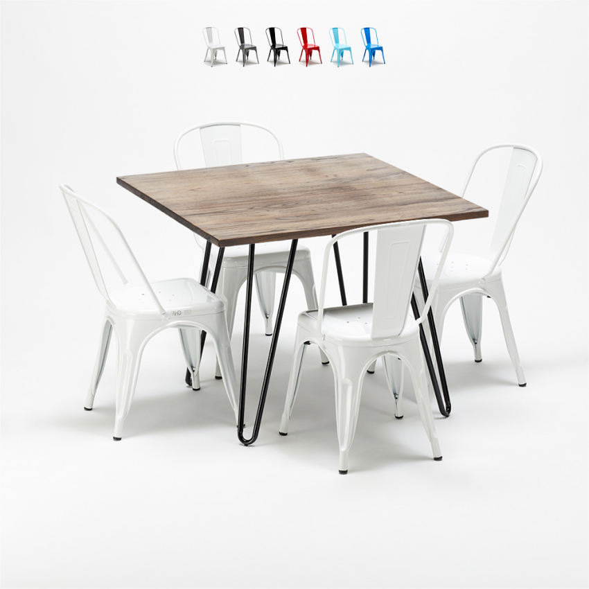 table carrée en bois + 4 chaises en métal au design industriel bay ridge 