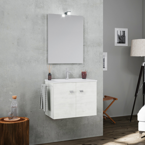 Meuble de salle de bain suspendu 2 portes miroir LED porte-serviettes lavabo en céramique Vanern
