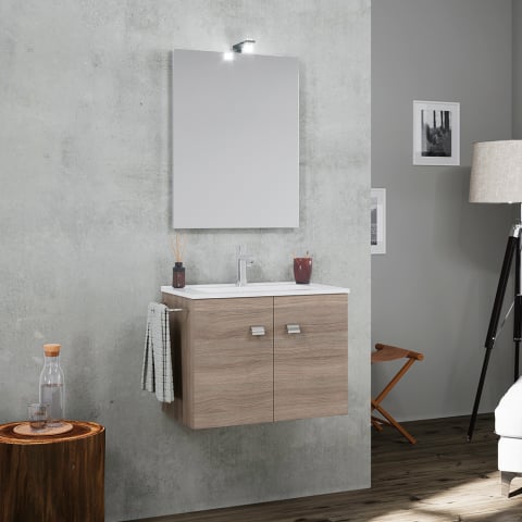 Badkamermeubel met 2 deuren, hangende onderkast, keramische wastafel, handdoekenrek, spiegel, LED lamp Vanern OAK