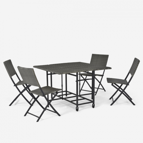 Salon de jardin extérieur table carrée 110x110cm 4 chaises pliantes modernes en rotin Lentel