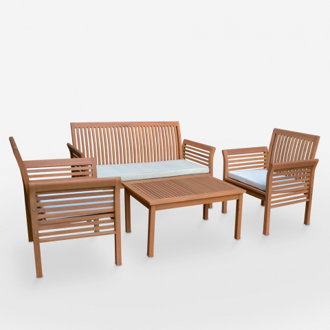 Exterieur tuinset inclusief houten bank 2 stoelen met kussens en bijzettafel Lectulus